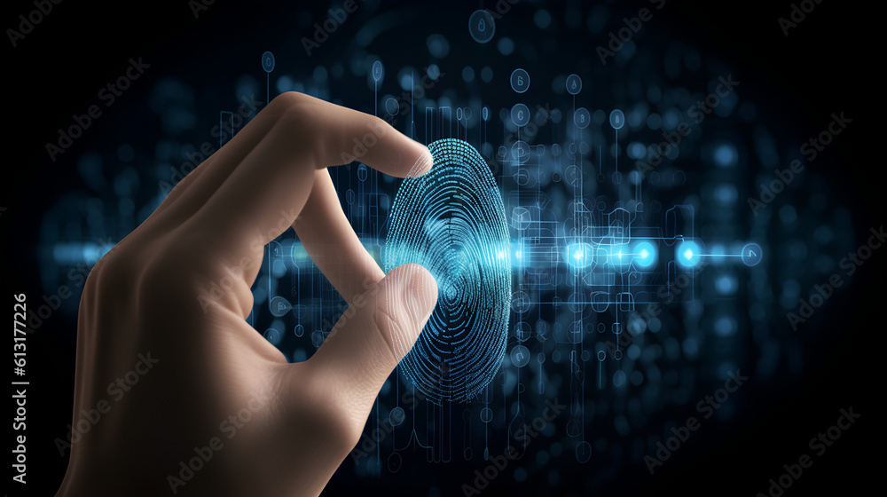 Thumbs up with virtual fingerprint to scan biometric identity and