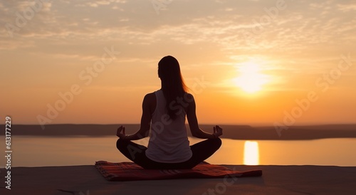 silhouette of a woman ,yoga zen with outdoor sunset seaside backdrop © kraftbunnies