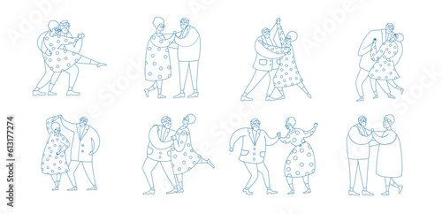 Set of contour Senior Couple Characters Dancing Waltz or Tango. Elderly People Active Lifestyle, Old Elegant Man and Woman in Love or Friend Relations Spend Time. Linear Vector Illustration