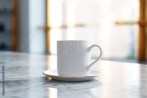 A clean and simple composition of a white coffee mug placed on a marble countertop. Generative AI