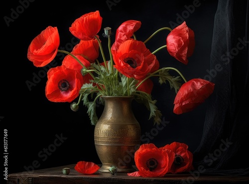 Remembrance Day greeting card. Beautiful red poppies flowers on black background. Lest we forget. Created with Generative AI technology.