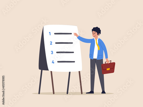 Business outline to step by step. Procedure and workflow, planning process or sequence to finish project, standard or company policy, businessman leader present workflow and procedure in meeting.