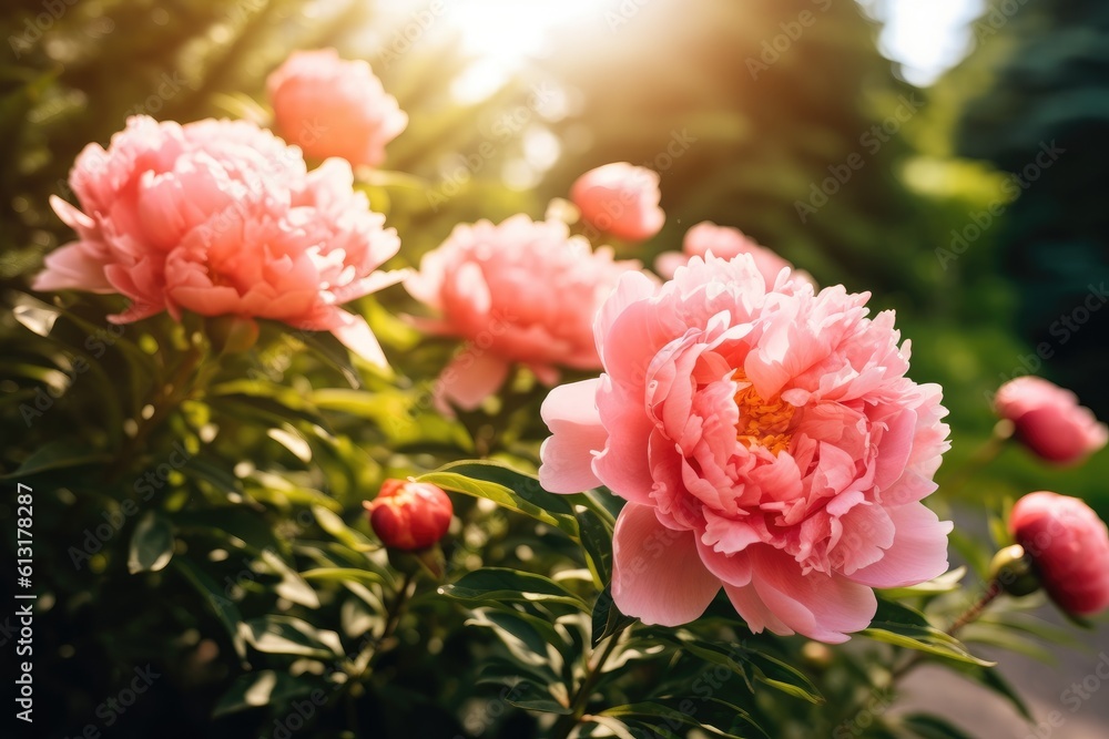 Beautiful large pink peony flowers on a bush in the garden. Generative AI Beautiful large pink peony flowers on a bush in the garden. Generative AI