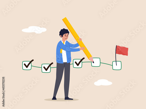 Task completion concept. Project tracking, goal tracker, checklist to remind project progress, businessman project manager holding big pencil to check completed tasks in project management timeline.