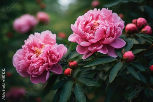 Beautiful large pink peony flowers on a bush in the garden. Generative AI