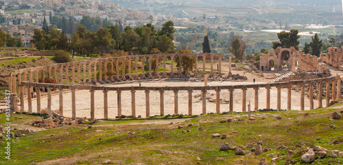 The Roman City of Gerasa (Jerash, Jordan). An oval square surrounded by columns. Main symbol of the city. Prototype of St. Peter's Square in Vatican. Roman Empire. © MarinoDenisenko