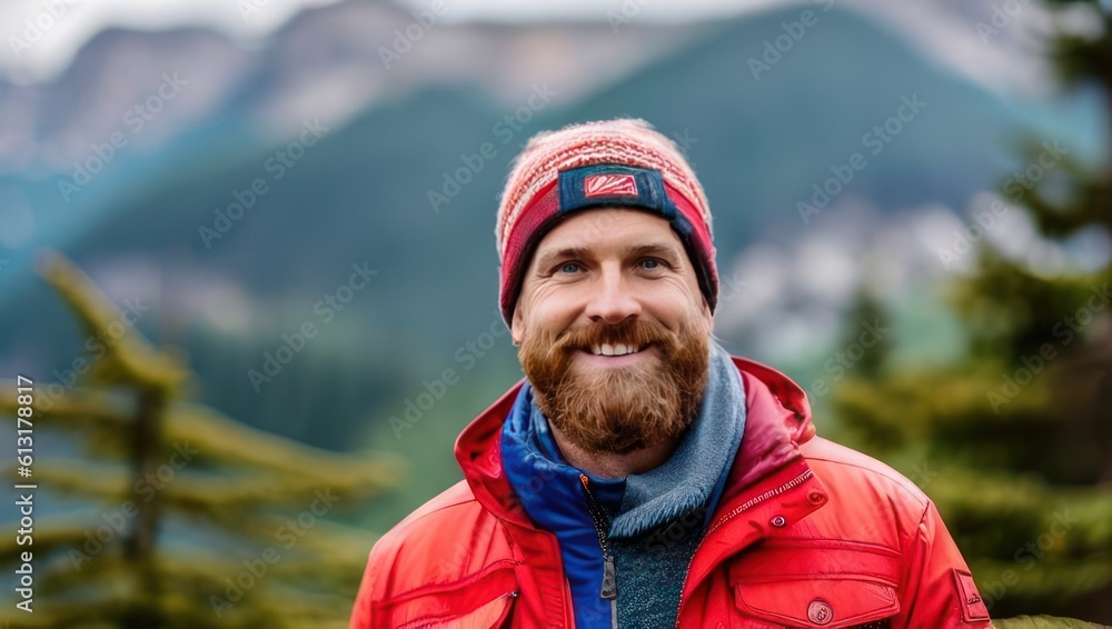 Charismatic bearded man tourist in hat stands against the backdrop of mountains and trees. Generative AI Charismatic bearded man tourist in hat stands against the backdrop of mountains and trees. Generative AI