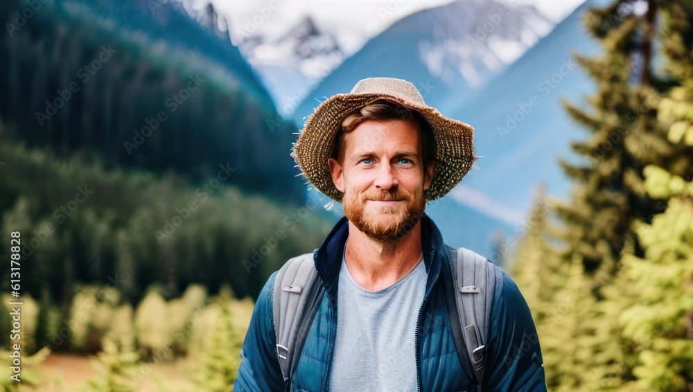 Charismatic bearded man tourist in hat with backpack stands against the backdrop of mountains and trees. Generative AI Charismatic bearded man tourist in hat with backpack stands against the backdrop of mountains and trees. Generative AI