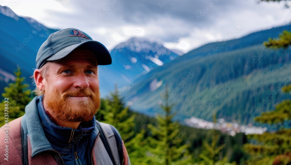 Portrait of bearded man tourist in cap stands against the backdrop of mountains and trees. Generative AI