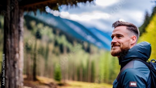 Side view bearded man tourist with backpack stands against the backdrop of mountains and trees. Generative AI