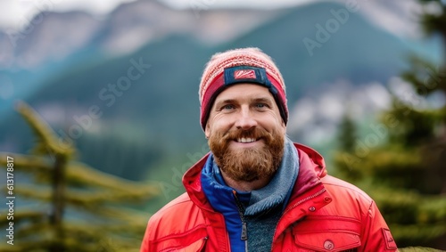 Charismatic bearded man tourist in hat stands against the backdrop of mountains and trees. Generative AI