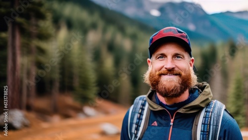 Charismatic bearded man tourist in hat with backpack stands against the backdrop of mountains and trees. Generative AI