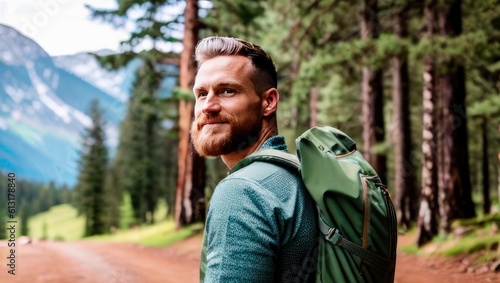Charismatic smiling bearded man tourist with backpack stands against the backdrop of road, mountains and trees. Generative AI