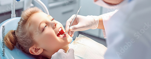 A female dentist examines a child's teeth in a dental office. Generative AI. photo