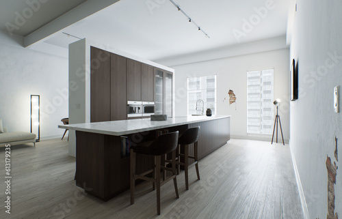 Kitchen minimalism. Wooden kitchen with large long island and bar stools. Kitchen with marble top and wooden bottom. 3d render