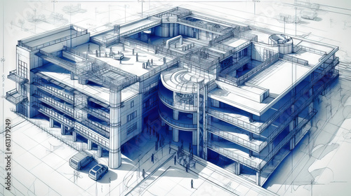 A detailed 2D blueprint plan of a building, outlining the architectural design and layout