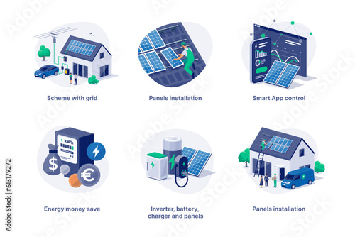 Solar panels money savings installation on family house with grid and car charging. Home renewable energy battery storage with smartphone app control and electric power meter. Vector illustration set. (ID: 613179272)