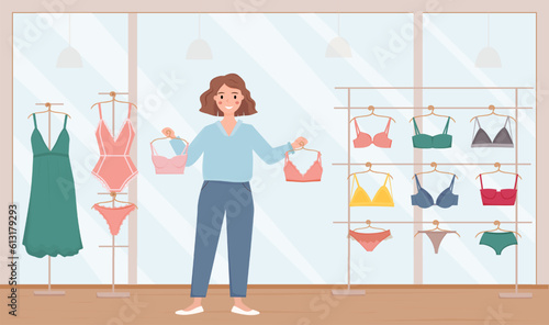 Sallewoman, shop assistant in lingerie store. Seller holds in her hands and showes woman bra. Iinterior of underwear store. Vector illustration.