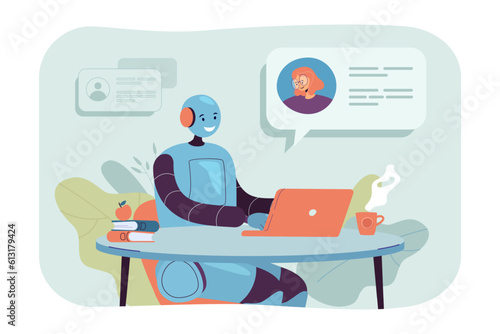 Happy comic robot helping client via laptop vector illustration. Cartoon drawing of robotic character as assistant, chatbot virtual assistance. Customer support, AI, technology, communication concept