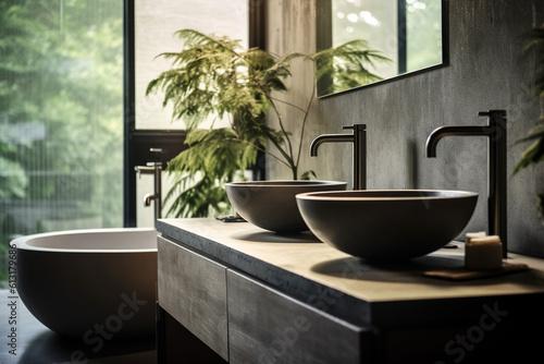 a closeup japan style photo of an industrial minimalistic style bathroom