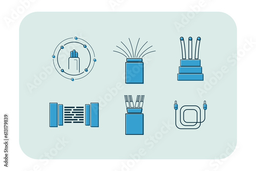 Icons with fiber optic cables vector illustrations set. Collection of line art of wires for equipment, computers, internet service, electronics. Technology, connection, network concept