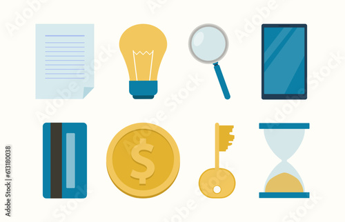 Different business or banking elements vector illustrations set. Drawings of document or file  lightbulb  magnifying glass  phone  credit card. Business  occupation  finances  economy concept
