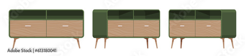 Sideboard buffet credenza, low storage green cabinet set. Solid wood dining, living room, condo, kitchen functional furniture. Vector flat style cartoon home, office piece isolated on white background