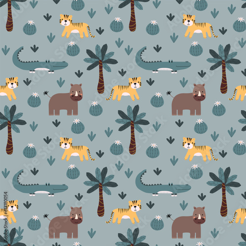 Vector seamless pattern with crocodile  rhinoceros  tiger.Tropical jungle cartoon creatures.Pastel animals background.Cute natural pattern for fabric  childrens clothing textiles wrapping paper.