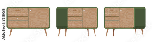 Sideboard buffet with drawers credenza, tall storage cabinet set. Dining, living room, condo or kitchen functional furniture. Vector flat style cartoon home, office piece isolated on white background
