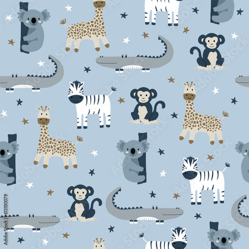 Vector seamless pattern with monkey, giraffe, zebra, crocodile, koala.Tropical jungle cartoon creatures.Pastel animals background.Cute natural pattern for fabric, childrens clothing,wrapping paper