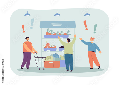 Angry customers screaming next to vegetable rack. Buyers upset with rising prices on products vector illustration. Inflation, food, marketing, commerce, finances, economy concept