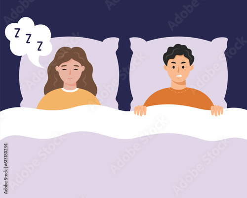 Young man suffering because of his partner\'s snore at night. Snoring woman in bed. Couple or family troubles. Snoring, bad sleep or insomnia concept. Vector illustration.