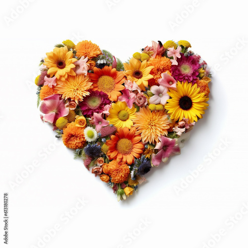 Summer flowers in shape of heart.Creative layout with colorful flowers, leaves and copy space card note. Nature concept. Flat lay. isolated on white background
