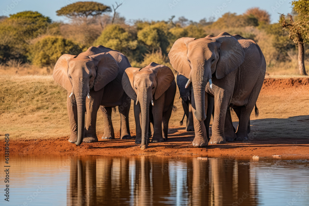 Obraz premium African Elephant Family Drinking Water, generative ai