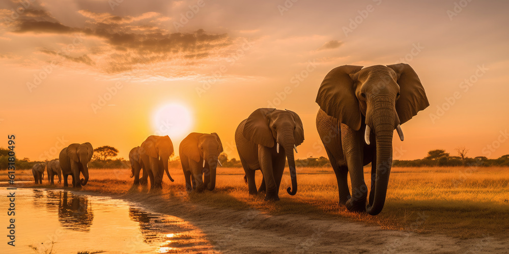 Elephant herd in the sunset, generative ai