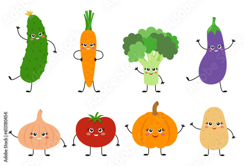 Cute vegetables set with smiling faces. Fresh and healthy food symbol. Funny broccoli, tomato, carrot, onion, potato, pumpkin, eggplant and cucumber. Vector illustration on white background.