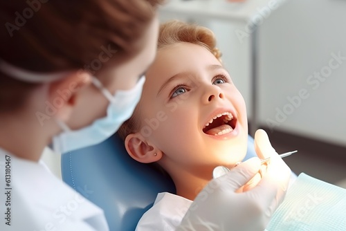 A female dentist examines a child's teeth in a dental office. Generative AI.