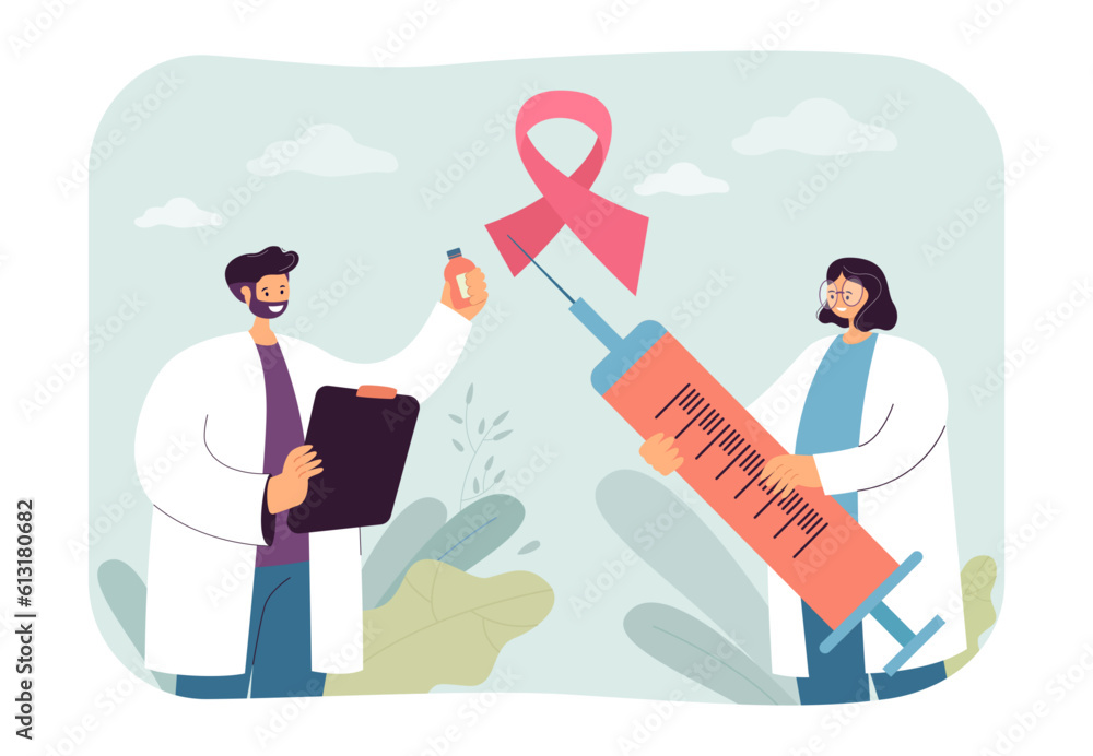 Happy doctors with cancer vaccine in syringe vector illustration. Cartoon drawing of medical professionals holding huge tool, cancer awareness ribbon. Healthcare, disease, vaccination concept