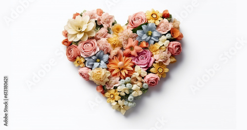 Spring flowers in shape of heart.Creative layout made of various flowers. Flat lay bouquet. Love concept. isolated on white background top view