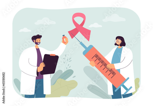 Happy doctors with cancer vaccine in syringe vector illustration. Cartoon drawing of medical professionals holding huge tool, cancer awareness ribbon. Healthcare, disease, vaccination concept