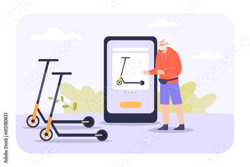 Senior man renting scooter online vector illustration. Smartphone screen with mobile app for electric scooter rent. Senior lifestyle, technology, transportation concept