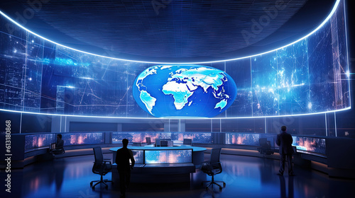 In a high-security operations center, an oversized promotional LED screen displays a blueprint of the world, showcasing advanced technology and global strategy