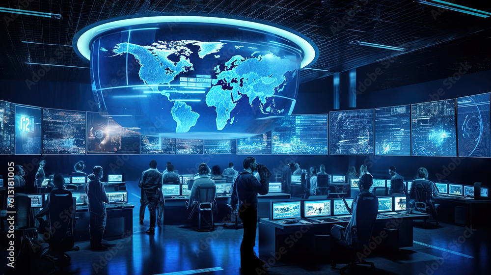 In a high-security operations center, an oversized promotional LED screen displays a blueprint of the world, showcasing advanced technology and global strategy In a high-security operations center, an oversized promotional LED screen displays a blueprint of the world, showcasing advanced technology and global strategy