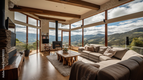 Living room design with panoramic mountain view  generative ai