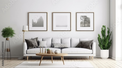 Blank picture frame mockup on white wall in living room, generative ai © Анастасия Каргаполов