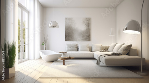 Modern living room design in white colors, generative ai © Анастасия Каргаполов