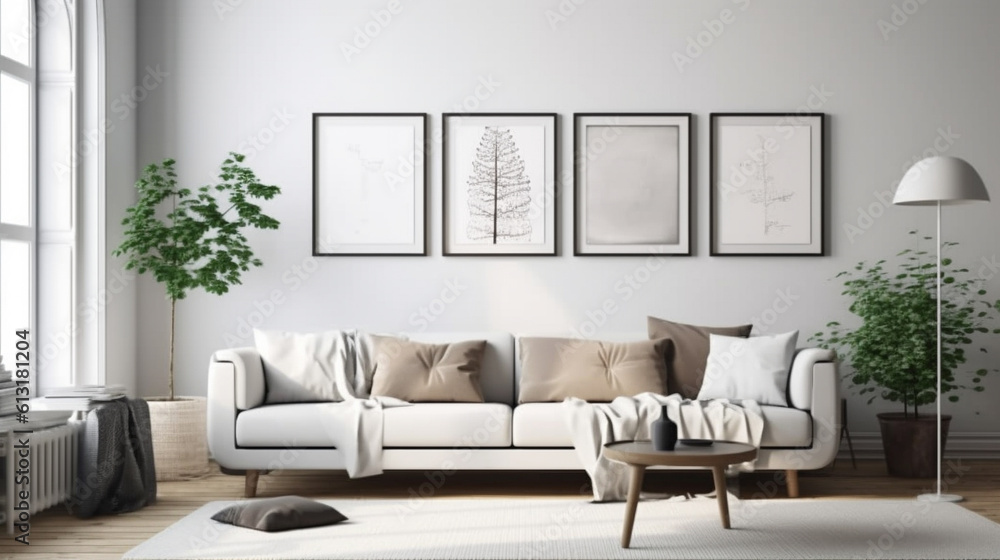 Fototapeta premium Blank picture frame mockup on white wall in living room, generative ai