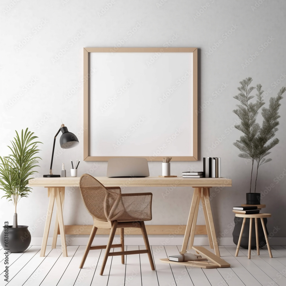 Empty vertical frame mockup in modern minimalist office interior, generative ai Empty vertical frame mockup in modern minimalist office interior, generative ai