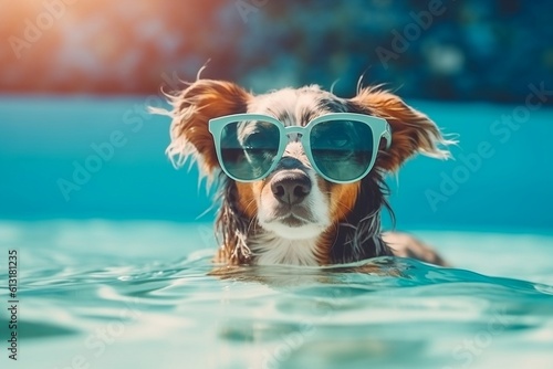 A cute dog wearing sunglasses and standing in a puddle, Generative Ai