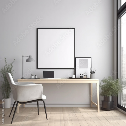 Empty vertical frame mockup in modern minimalist office interior, generative ai © Анастасия Каргаполов